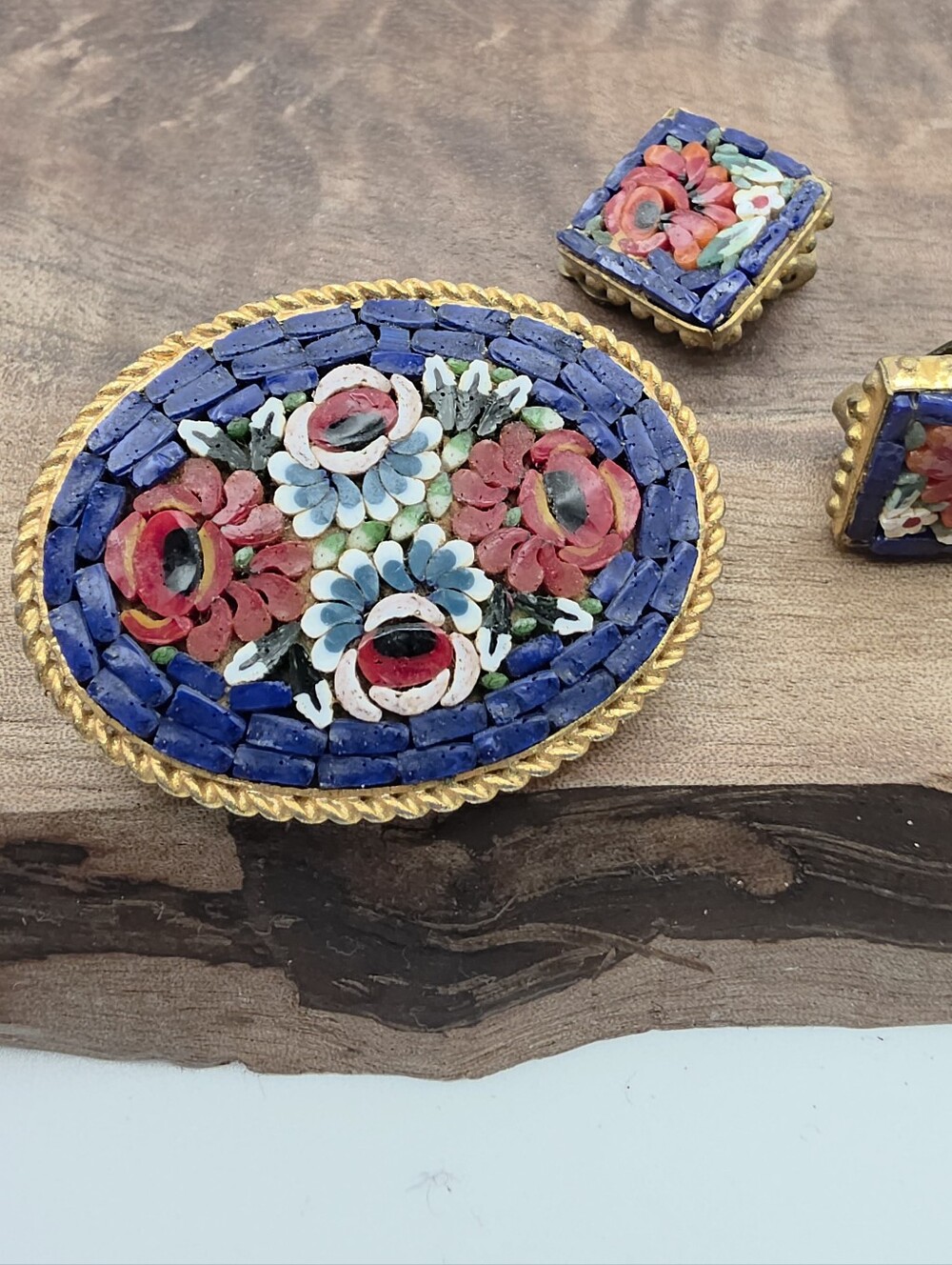 Vintage Italian Glass Micro Mosaic Floral Brooch & Earrings Set